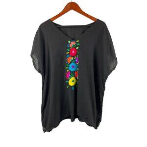 Black Short Sleeve Top With Colorful Floral Embroidery